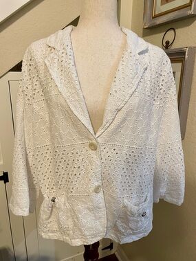 Erin London White Cotton Eyelet Patchwork Blazer Jacket XL